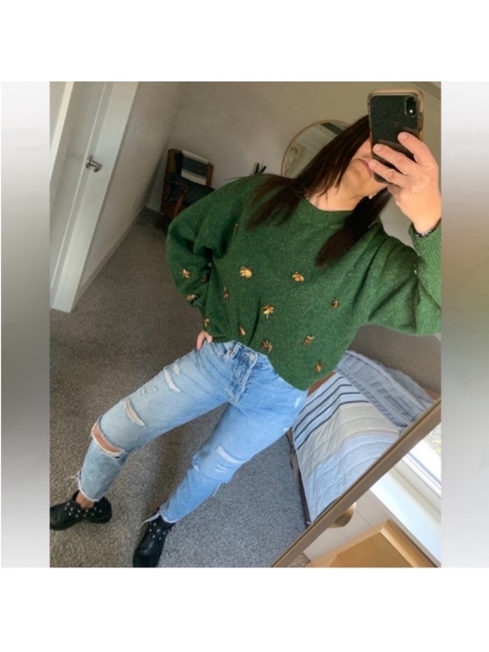 H&M knit pullover sweater Sz S gold beaded sequins green mock neck